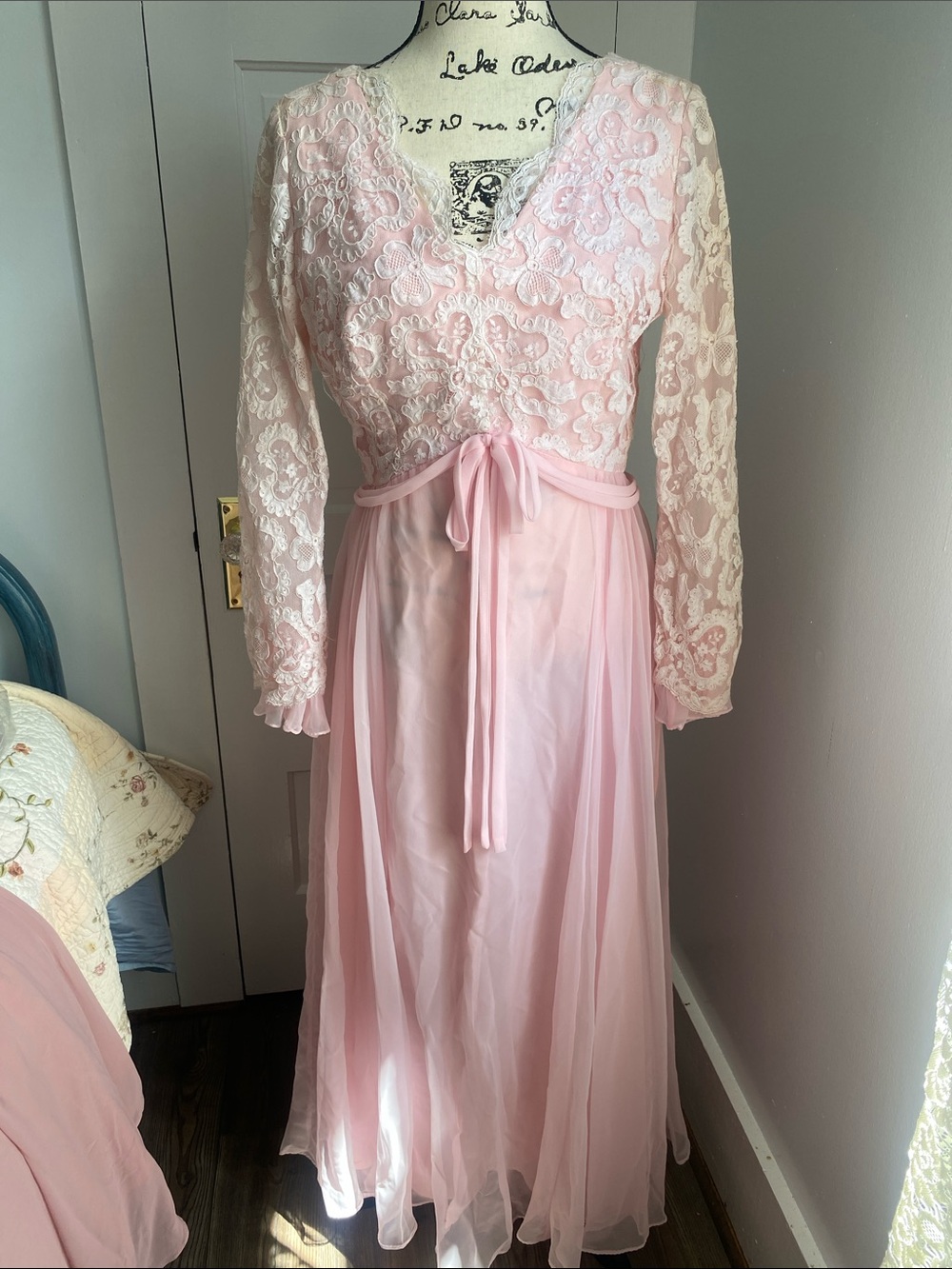 Vintage-Inspired Pink Lace Long Robe with Tie Belt